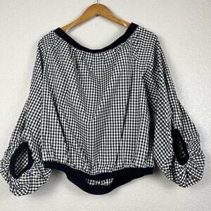 7 For All Mankind Blouse Womens XL Black Gingham Check Off The Shoulder Boho NWT